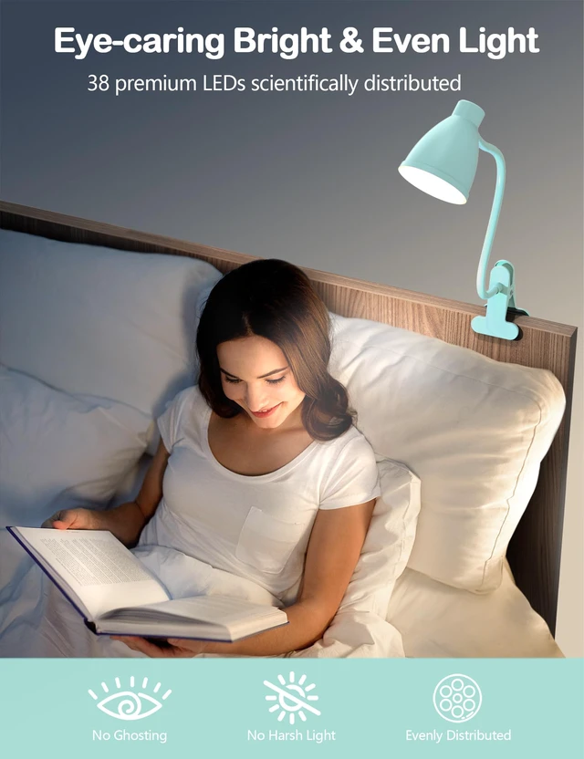 Alt view image 7 of 7 - Desk Lamp with Clamp, Clip on Light, 5 Color 10 Brightness, Teal 10W 38 LED Flexible Gooseneck Clip Lamp, Auto Off Timer, Desk Lights for Office Home Bed Bedside Reading, Adapter Include