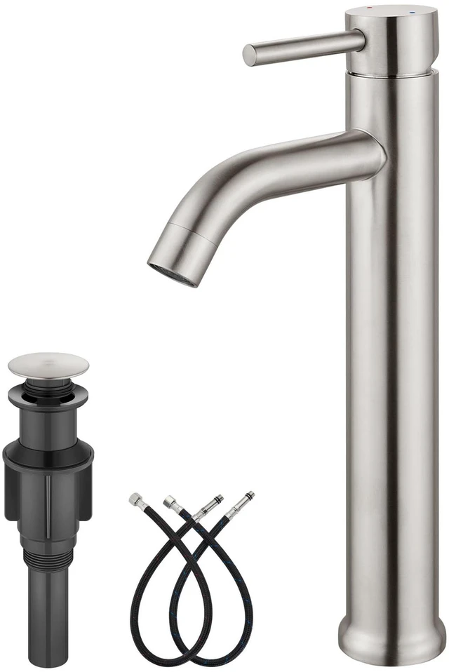 Main image of Brushed Nickel Vessel Sink Faucet Tall Bathroom Faucet Stainless Steel Bathroom Sink Faucet Single Handle One Hole Round Body with Pop up Drain Basin Bowl Vanity Lavatory Mixer Tap