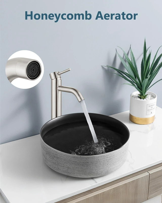Alt view image 2 of 7 - Brushed Nickel Vessel Sink Faucet Tall Bathroom Faucet Stainless Steel Bathroom Sink Faucet Single Handle One Hole Round Body with Pop up Drain Basin Bowl Vanity Lavatory Mixer Tap