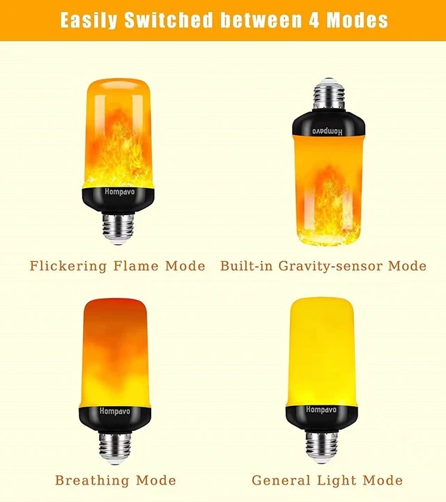 Alt view image 4 of 7 - Upgraded LED Flame Light Bulbs, 4 Modes Flickering Light Bulbs with Upside Down Effect, E26/E27 Flame Bulb for Halloween, Christmas, Party, Indoor and Outdoor Home Decoration (4 Pack)