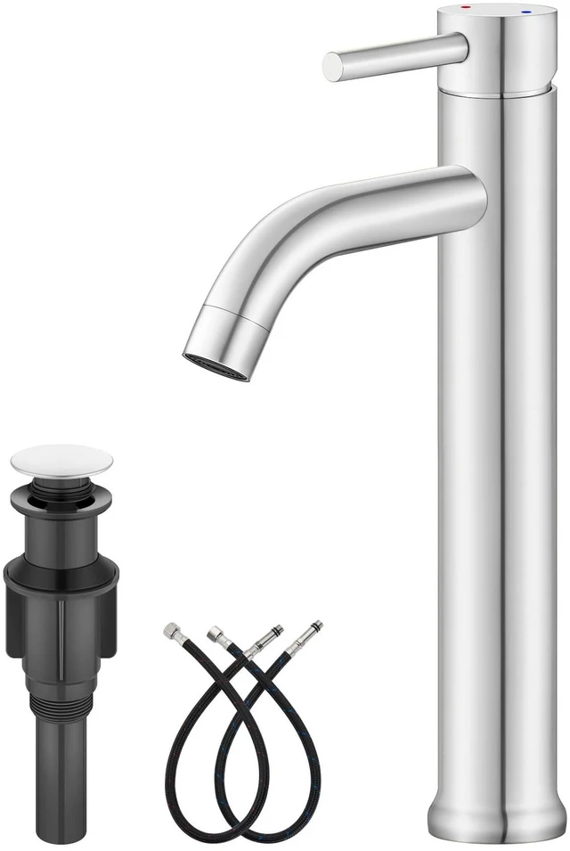 Main image of Polish Chrome Vessel Sink Faucet Tall Bathroom Faucet Stainless Steel Bathroom Sink Faucet Single Handle One Hole Round Body with Pop up Drain Basin Bowl Vanity Lavatory Mixer Tap