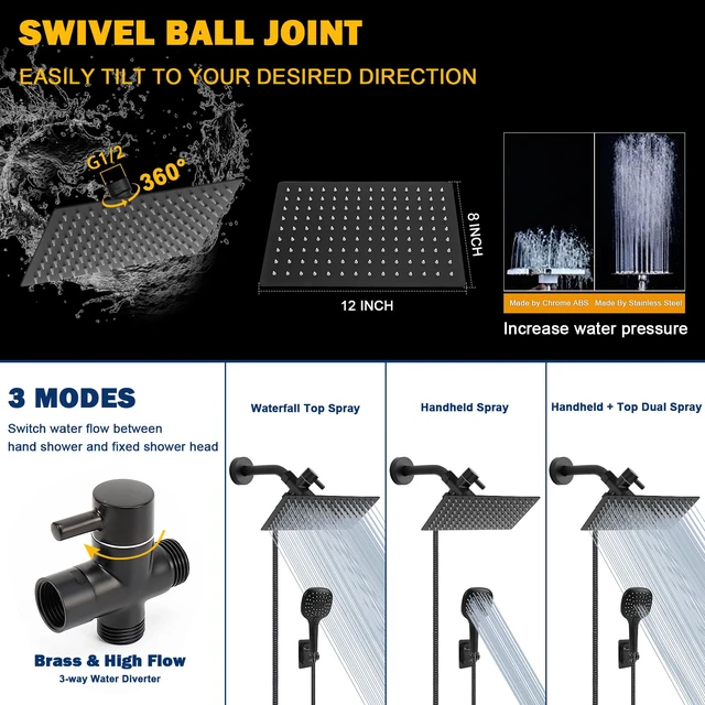 Alt view image 4 of 6 - Shower Head with Hose, High Pressure Stainless Steel Rain Shower and 3 Settings Handheld Spray Combo with Push Button Flow Control (12 Inch, Matte Black)
