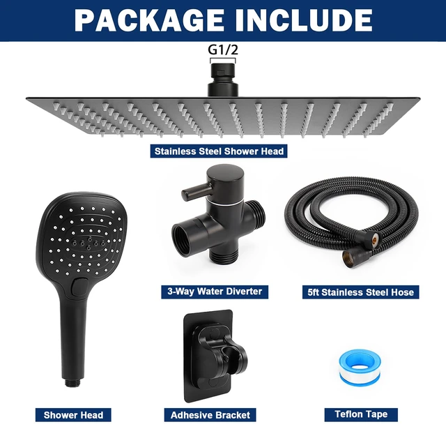 Alt view image 6 of 6 - Shower Head with Hose, High Pressure Stainless Steel Rain Shower and 3 Settings Handheld Spray Combo with Push Button Flow Control (12 Inch, Matte Black)