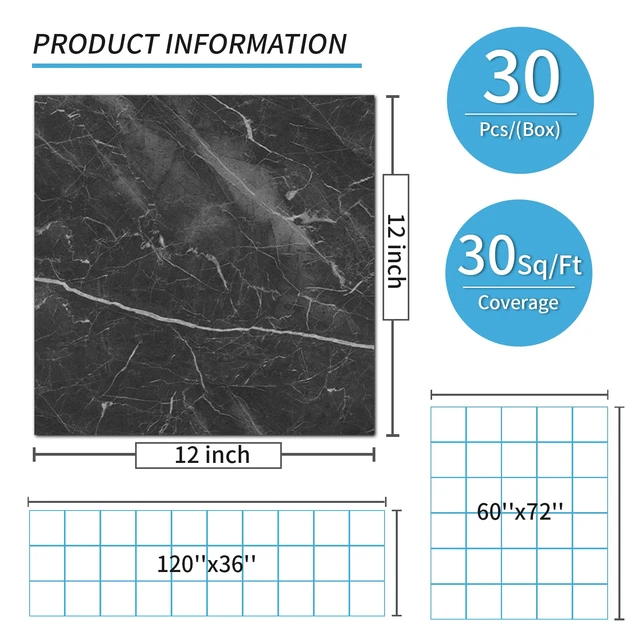 Alt view image 6 of 7 - 30-Pack Peel and Stick Vinyl Floor Tiles, 12 x 12 in, Dark Marble Anti-Slip, Waterproof, Stain-Resistant, Simple to Clean, Durable, Premium Vinyl, Ideal for Kitchen, Dining Room, Bedrooms