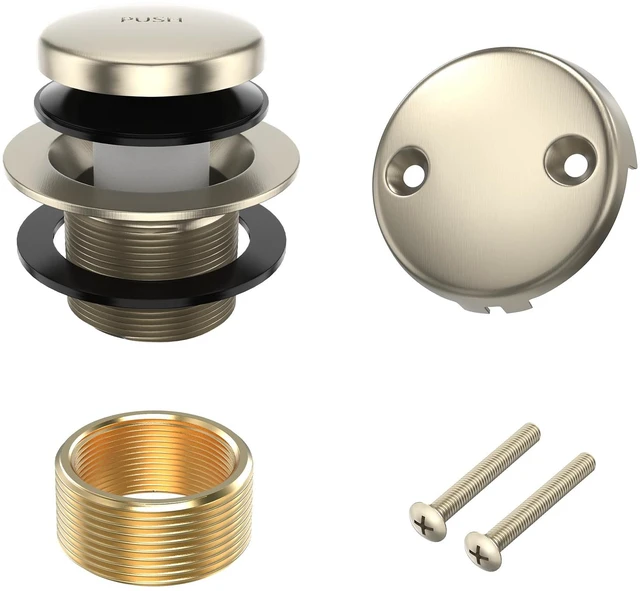 Main image of Brushed Nickel Bathtub Drain Kit with Two-Hole Overflow Faceplate All Metal Tip-Toe Tub Drains Cover Trim Set and Universal Fine/Coarse Thread Assembly, Bath Tub Drain Stopper Replacement