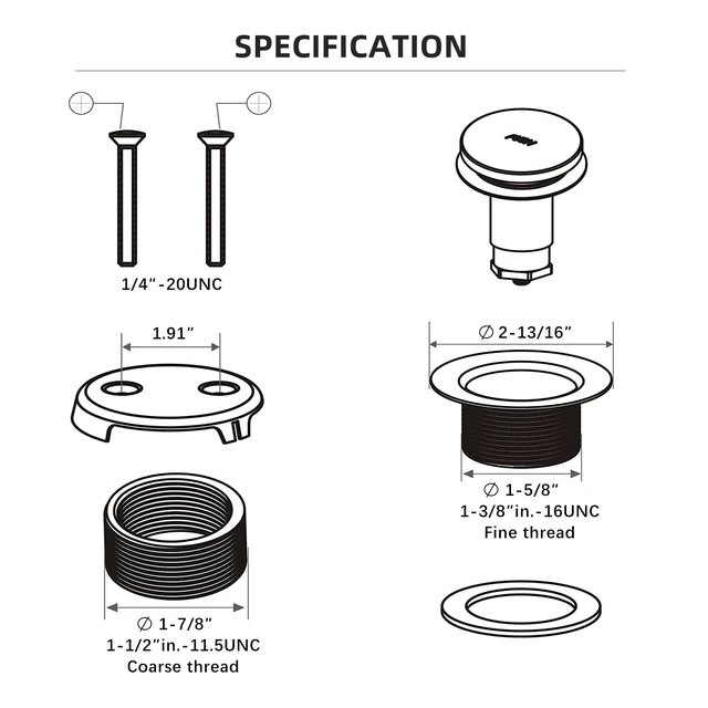 Alt view image 6 of 6 - Brushed Nickel Bathtub Drain Kit with Two-Hole Overflow Faceplate All Metal Tip-Toe Tub Drains Cover Trim Set and Universal Fine/Coarse Thread Assembly, Bath Tub Drain Stopper Replacement