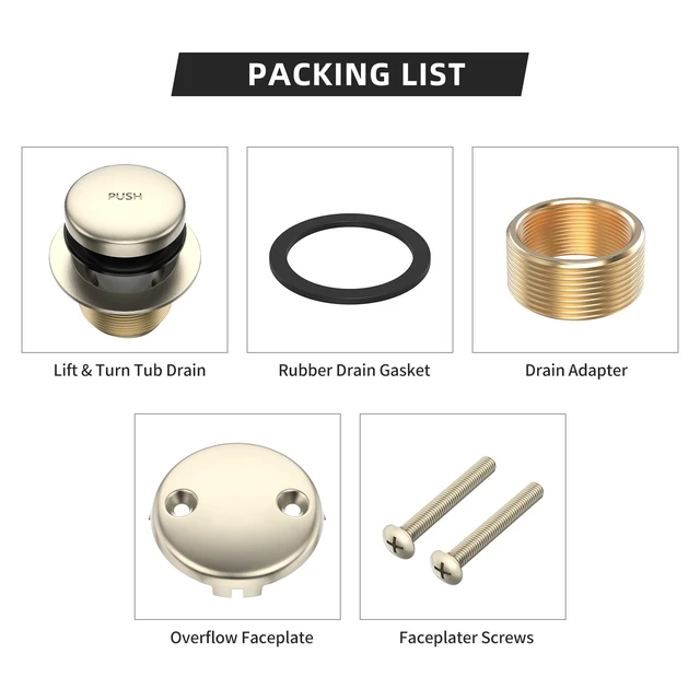 Alt view image 5 of 6 - Brushed Nickel Bathtub Drain Kit with Two-Hole Overflow Faceplate All Metal Tip-Toe Tub Drains Cover Trim Set and Universal Fine/Coarse Thread Assembly, Bath Tub Drain Stopper Replacement