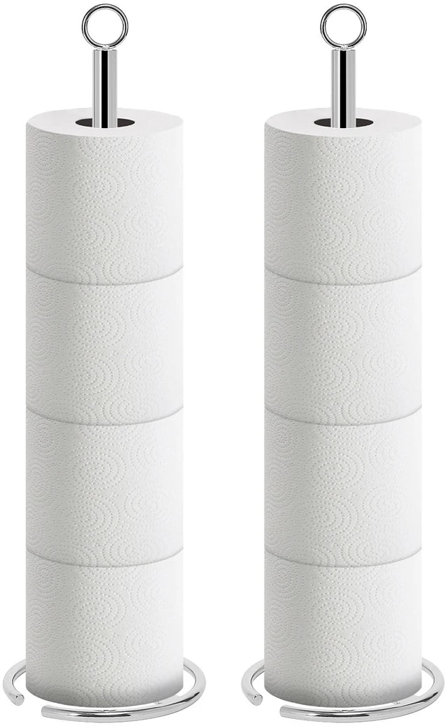 Main image of Bath Toilet Paper Holder Stand, Freestanding Tissue Paper Storage with Reserve, Space Toilet 4 Rolls Holder for Bathroom/Kitchen Countertop-All Metal (2 Pack, Chrome Finish)