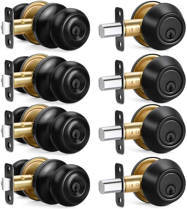 Main image of 4 Sets Entry Door Knob and Single Cylinder Deadbolt Combo Set, Keyed Alike Round Ball Matte Black Interior/Exterior Door Knobs with Lock and Keys for Entrance, Front Door and Indoor Door