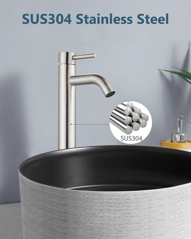 Alt view image 6 of 7 - Brushed Nickel Vessel Sink Faucet Tall Bathroom Faucet Stainless Steel Bathroom Sink Faucet Single Handle One Hole Round Body with Pop up Drain Basin Bowl Vanity Lavatory Mixer Tap
