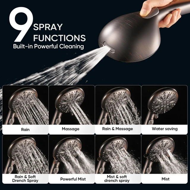 Alt view image 2 of 7 - 9 Spray Modes Handheld Shower Head, Water-Saving, ORB Power Rinse, 1-Click Pause & Flow Control, 6ft Stainless Steel Hose, Adjustable Brass Bracket