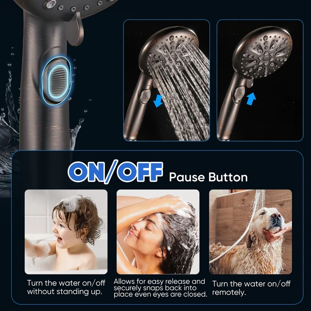 Alt view image 3 of 7 - 9 Spray Modes Handheld Shower Head, Water-Saving, ORB Power Rinse, 1-Click Pause & Flow Control, 6ft Stainless Steel Hose, Adjustable Brass Bracket