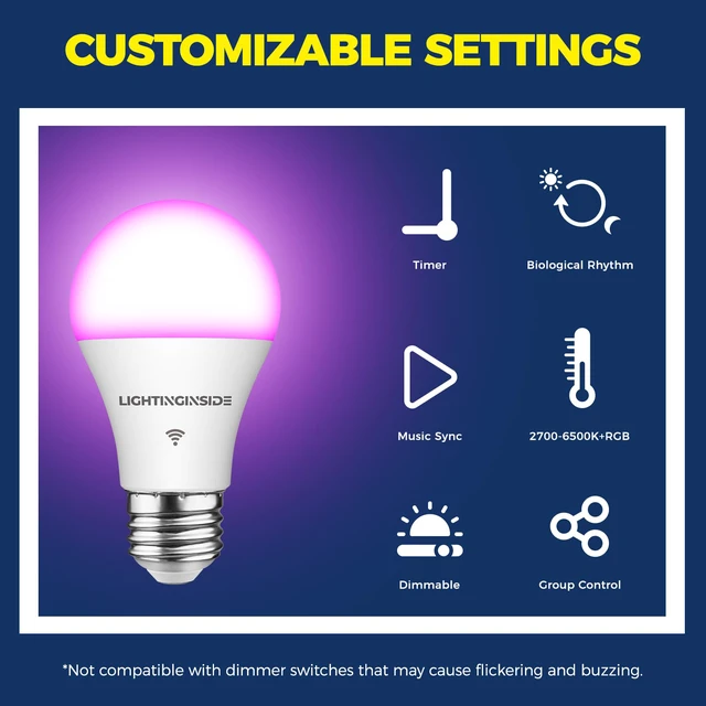 Alt view image 6 of 7 - Smart Light Bulb Work with Alexa/Google Home/SmartLife, 4PCS CRI>90, No Hub Required, 60W RGBCW Color Changing Light Bulbs, 800LM 9W Smart Bulb, 2.4G WiFi & BLE A19 E26 Bulb, ETL Listed