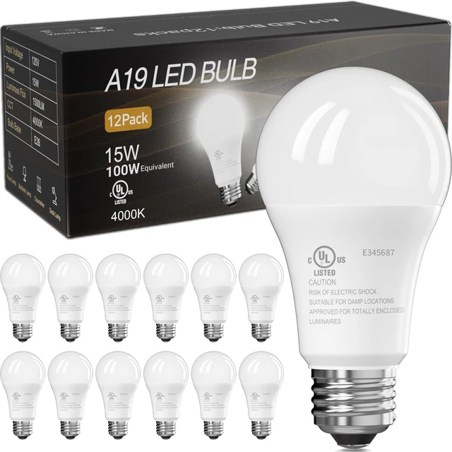 Main image of 12 Pack LED Light Bulbs, 100 Watt Equivalent A19, Cool White 4000K 15W 1500 Lumens Neutral White Lightbulbs, Non Dimmable Energy Saving Lamp for Home Bedroom Kitchen Indoor