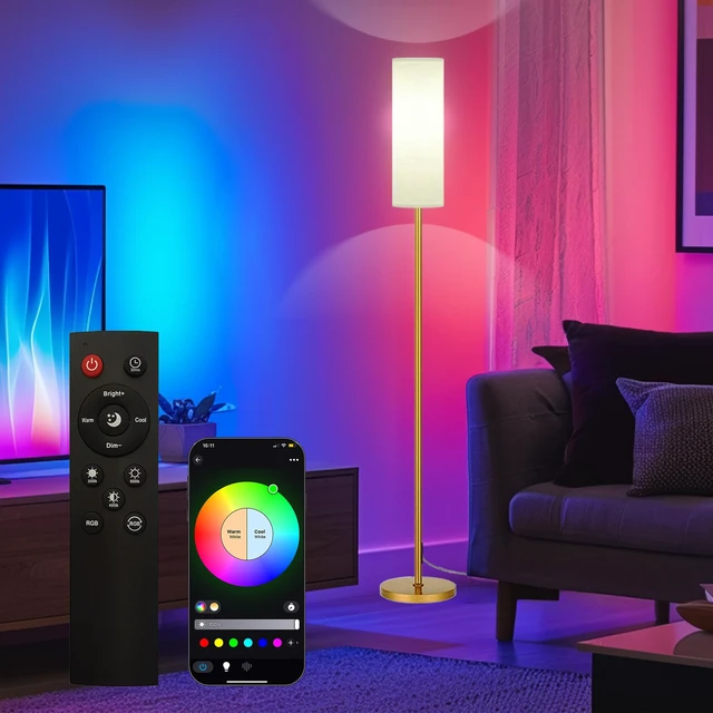 Main image of Smart LED Floor Lamp with APP Control & RGB Colors - Dimmable Standing Lamp for Living Room, Bedroom, Gaming - Remote, Timer, 9W Bulb Included, 67" Modern Tall Lamp (Gold)