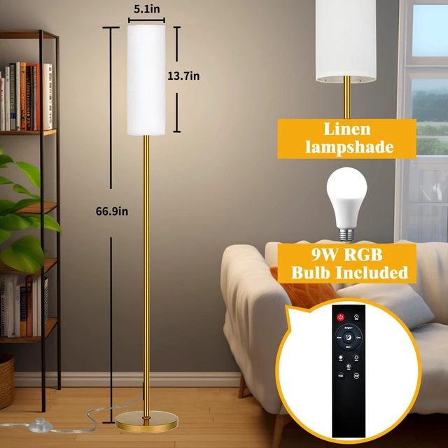 Alt view image 2 of 7 - Smart LED Floor Lamp with APP Control & RGB Colors - Dimmable Standing Lamp for Living Room, Bedroom, Gaming - Remote, Timer, 9W Bulb Included, 67" Modern Tall Lamp (Gold)