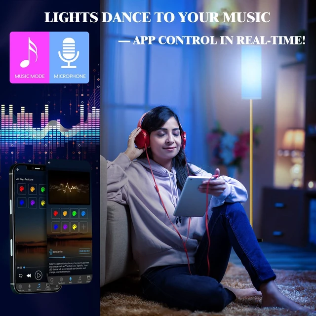 Alt view image 5 of 7 - Smart LED Floor Lamp with APP Control & RGB Colors - Dimmable Standing Lamp for Living Room, Bedroom, Gaming - Remote, Timer, 9W Bulb Included, 67" Modern Tall Lamp (Gold)