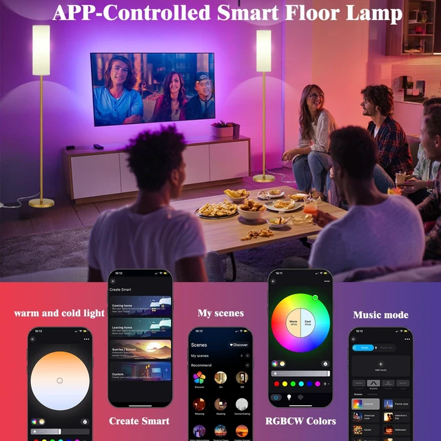 Alt view image 7 of 7 - Smart LED Floor Lamp with APP Control & RGB Colors - Dimmable Standing Lamp for Living Room, Bedroom, Gaming - Remote, Timer, 9W Bulb Included, 67" Modern Tall Lamp (Gold)