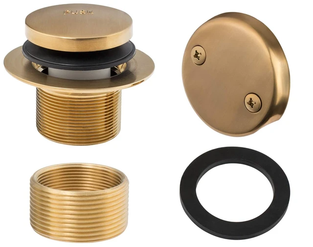 Main image of Tip-Toe Bathtub Drains Trim Set with Two-Hole Overflow Faceplate, Replacement Bath Drain Trim Kit with 2-Hole Overflow Faceplate and Universal Fine/Coarse Thread (Brushed Gold)
