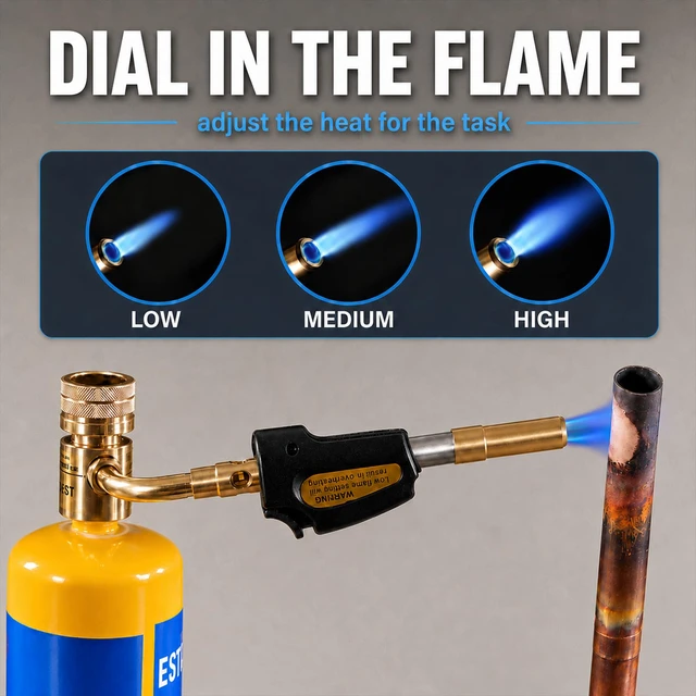 Alt view image 2 of 7 - Propane Torch Head with Igniter, Adjustable Flame for Soldering Map Gas Torch Kit, Fits Standard CGA600, Self-Igniting Trigger Start, Brass Build