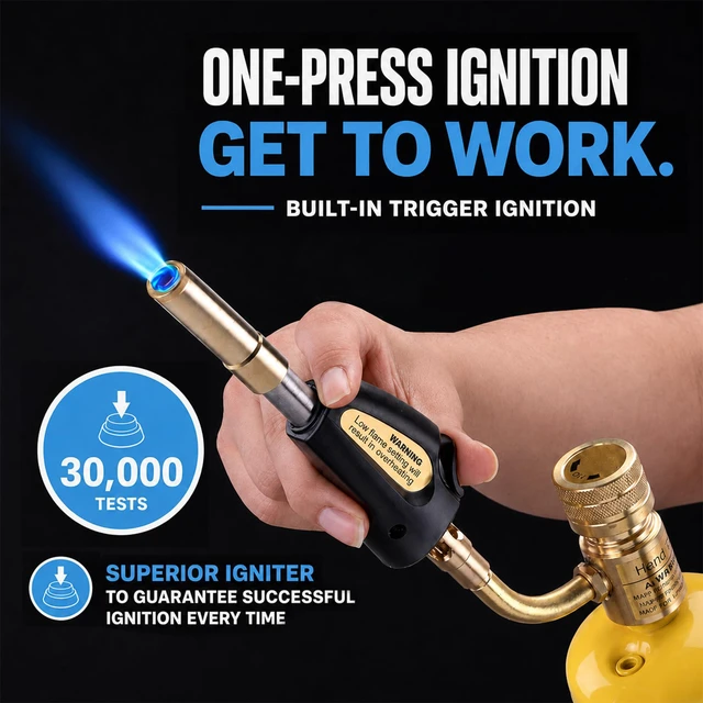 Alt view image 3 of 7 - Propane Torch Head with Igniter, Adjustable Flame for Soldering Map Gas Torch Kit, Fits Standard CGA600, Self-Igniting Trigger Start, Brass Build