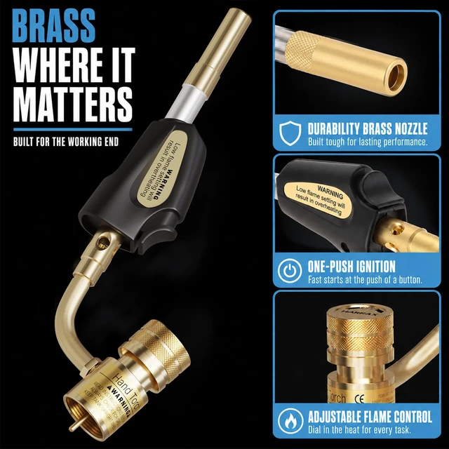 Alt view image 5 of 7 - Propane Torch Head with Igniter, Adjustable Flame for Soldering Map Gas Torch Kit, Fits Standard CGA600, Self-Igniting Trigger Start, Brass Build