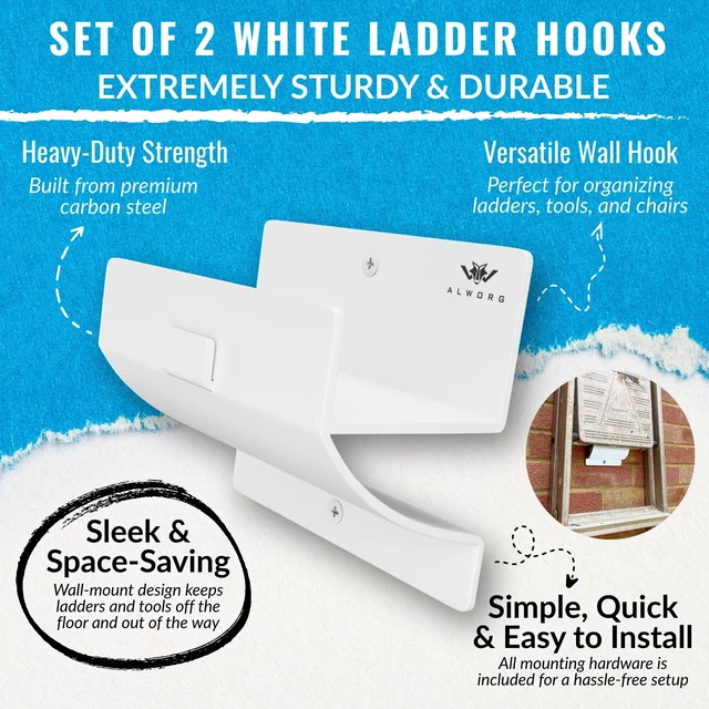 Alt view image 2 of 4 - Ladder Hangers for Garage Wall - White Set of 2 Wall Mount Step Ladder Hook Heavy Duty Brackets, Versatile Utility Tool Holder, Practical Space-saving Garage Storage Solution, Easy to Install