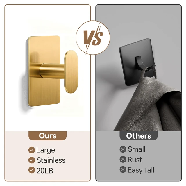 Alt view image 3 of 7 - Adhesive Towel Hooks: 20LB Extra Strong Wall Hanger, Gold 4 Pack