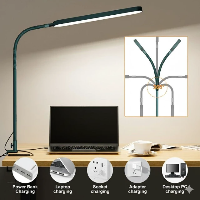 Alt view image 4 of 7 - LED Desk Lamp - Desk Light for Home Office - Flexible Gooseneck - 5 Color Modes X 11 Brightness Levels - 1300LM - Timmer & Memory Function - 12W Clip on Light - Green