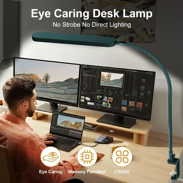 Alt view image 5 of 7 - LED Desk Lamp - Desk Light for Home Office - Flexible Gooseneck - 5 Color Modes X 11 Brightness Levels - 1300LM - Timmer & Memory Function - 12W Clip on Light - Green