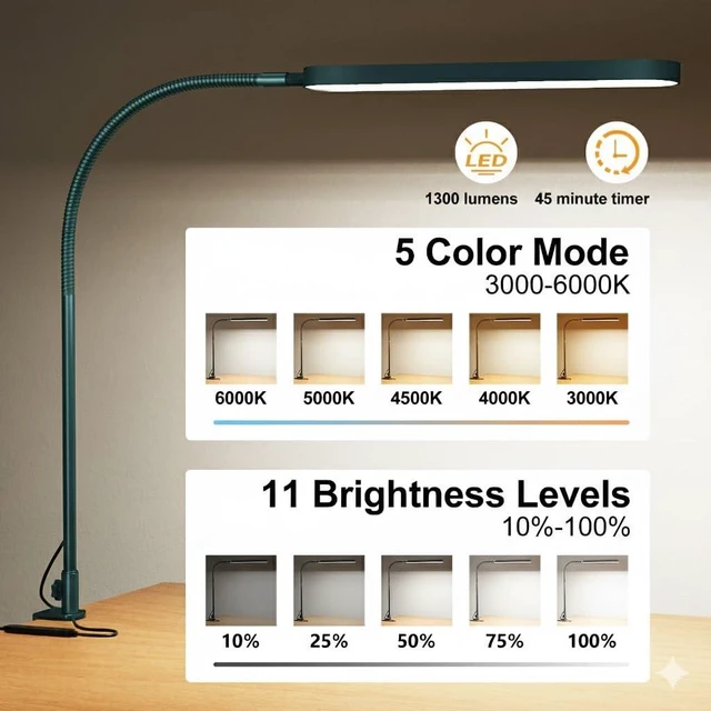 Alt view image 2 of 7 - LED Desk Lamp - Desk Light for Home Office - Flexible Gooseneck - 5 Color Modes X 11 Brightness Levels - 1300LM - Timmer & Memory Function - 12W Clip on Light - Green