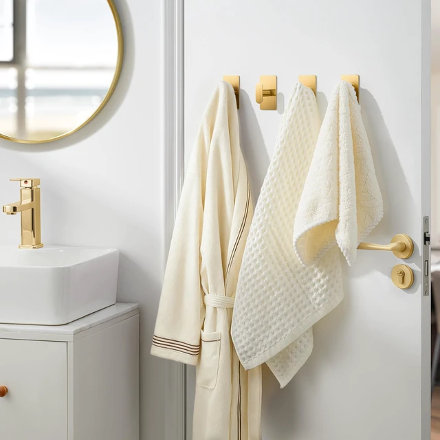 Alt view image 7 of 7 - Adhesive Towel Hooks: 20LB Extra Strong Wall Hanger, Gold 4 Pack