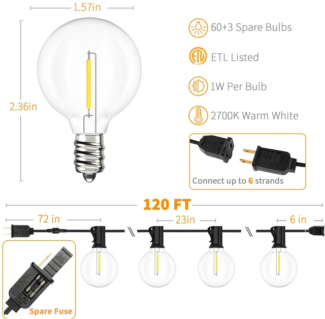 Alt view image 4 of 7 - Outdoor String Lights 120 FT Waterproof Patio Light 63 LED Bulbs Shatterproof Globe Edison Bulbs, Dimmable, Connectable Plug-In Outside Light for Backyard Bistro Cafe Porch Party Warm White