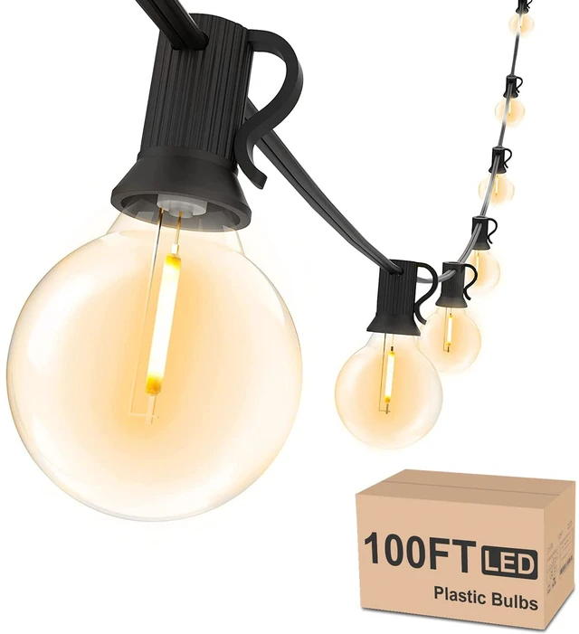 Main image of Outdoor String Lights Waterproof 100 FT for Outside Patio 52 Bulbs Shatterproof LED Light, Hanging Globe Lighting, Connectable For Bistro Cafe Market Party Warm White