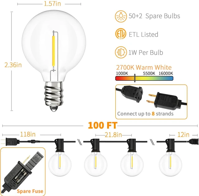 Alt view image 2 of 7 - Outdoor String Lights Waterproof 100 FT for Outside Patio 52 Bulbs Shatterproof LED Light, Hanging Globe Lighting, Connectable For Bistro Cafe Market Party Warm White