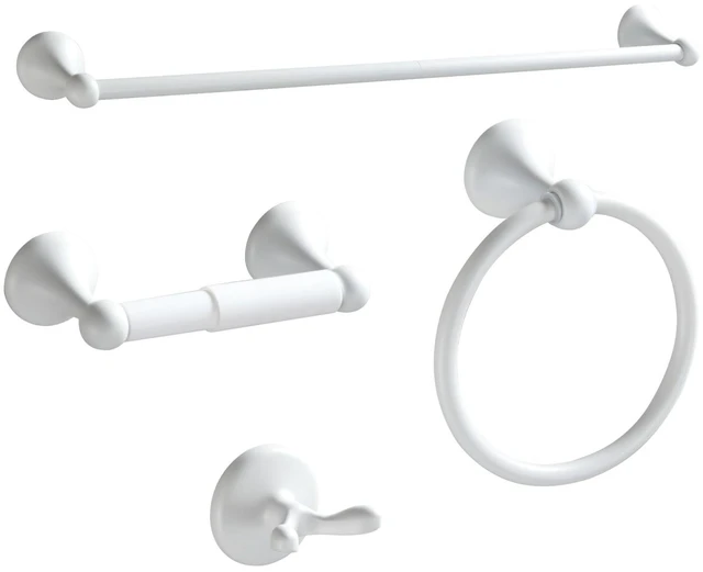Main image of Bathroom Accessories Set, White Paint Expandable Towel Bar 4-Piece Bathroom Accessory Set Wall Mounted Towel Ring Robe Hook Toilet Paper Holder Towel Holder