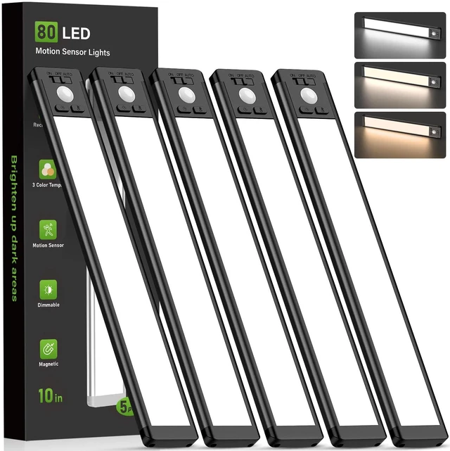 Main image of 10inch Under Cabinet Lighting, Wireless Motion Sensor Light, 5 Pack 3 Color Temps, Rechargeable, 1800mAh, Dimmable, Magnetic, LED Closet Light, Under Counter Lights for Kitchen, Stairs, Hallway