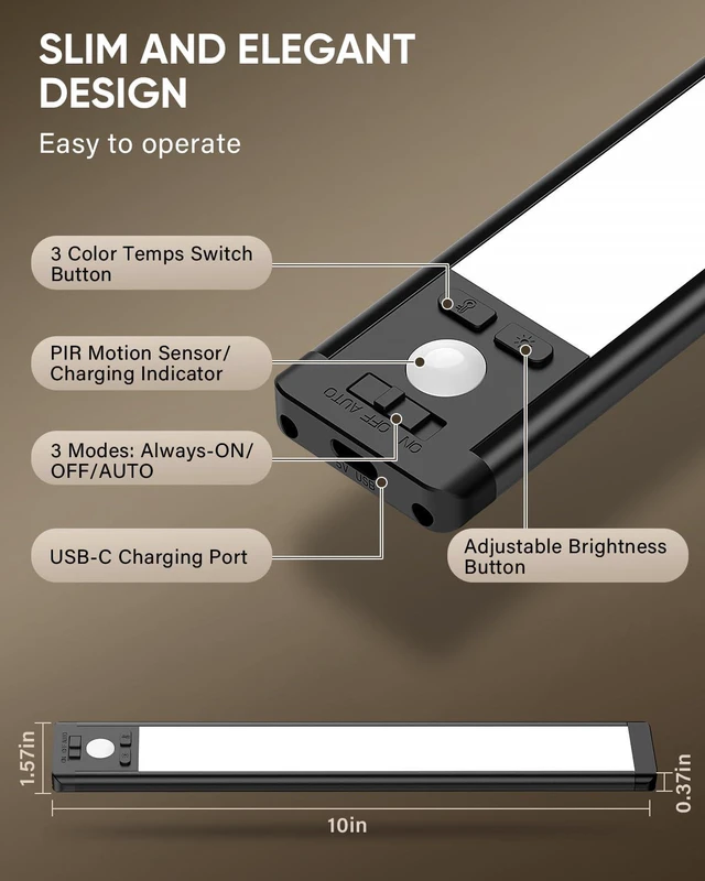 Alt view image 3 of 7 - 10inch Under Cabinet Lighting, Wireless Motion Sensor Light, 5 Pack 3 Color Temps, Rechargeable, 1800mAh, Dimmable, Magnetic, LED Closet Light, Under Counter Lights for Kitchen, Stairs, Hallway