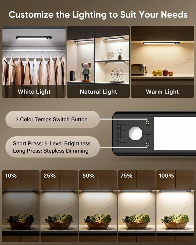 Alt view image 5 of 7 - 10inch Under Cabinet Lighting, Wireless Motion Sensor Light, 5 Pack 3 Color Temps, Rechargeable, 1800mAh, Dimmable, Magnetic, LED Closet Light, Under Counter Lights for Kitchen, Stairs, Hallway