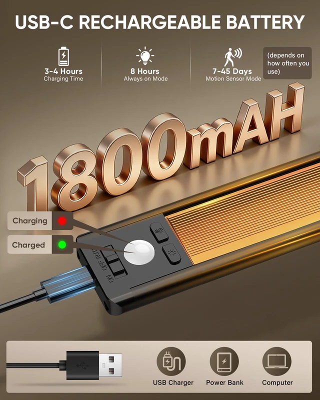 Alt view image 7 of 7 - 10inch Under Cabinet Lighting, Wireless Motion Sensor Light, 5 Pack 3 Color Temps, Rechargeable, 1800mAh, Dimmable, Magnetic, LED Closet Light, Under Counter Lights for Kitchen, Stairs, Hallway