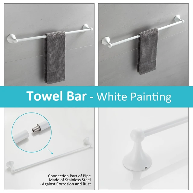Alt view image 4 of 7 - Bathroom Accessories Set, White Paint Expandable Towel Bar 4-Piece Bathroom Accessory Set Wall Mounted Towel Ring Robe Hook Toilet Paper Holder Towel Holder