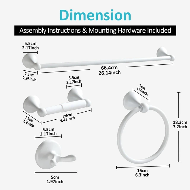 Alt view image 7 of 7 - Bathroom Accessories Set, White Paint Expandable Towel Bar 4-Piece Bathroom Accessory Set Wall Mounted Towel Ring Robe Hook Toilet Paper Holder Towel Holder