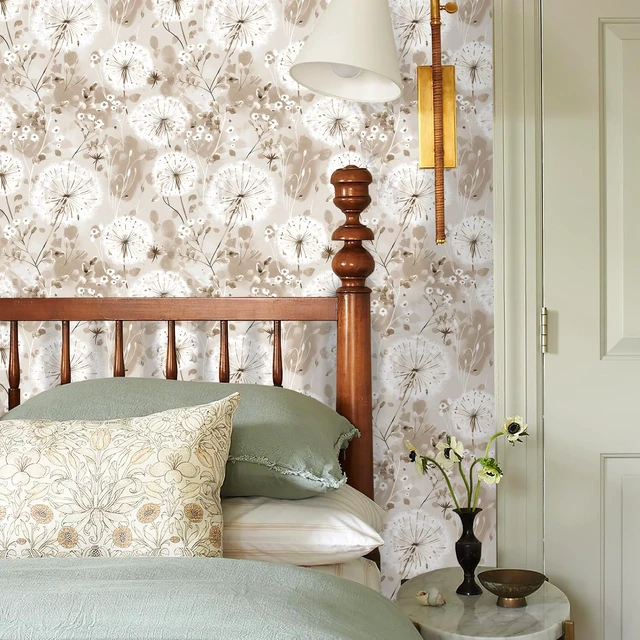 Alt view image 2 of 7 - Floral Peel and Stick Wallpaper Dandelion for Cabinet 16.9"x393.7" Vintage Floral Contact Paper Brown Wallpaper Peel and Stick Waterproof Self Adhesive Removable for Cabinet Bedroom Decorative