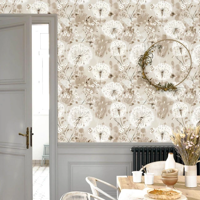 Alt view image 3 of 7 - Floral Peel and Stick Wallpaper Dandelion for Cabinet 16.9"x393.7" Vintage Floral Contact Paper Brown Wallpaper Peel and Stick Waterproof Self Adhesive Removable for Cabinet Bedroom Decorative