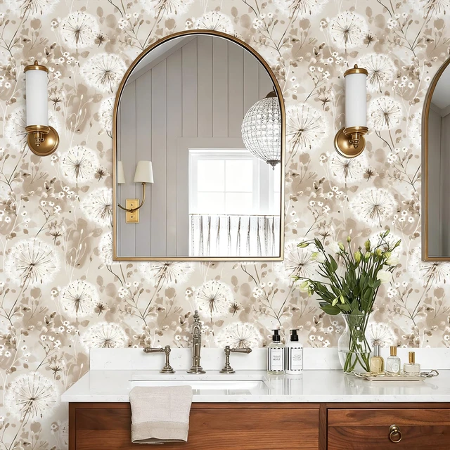 Alt view image 5 of 7 - Floral Peel and Stick Wallpaper Dandelion for Cabinet 16.9"x393.7" Vintage Floral Contact Paper Brown Wallpaper Peel and Stick Waterproof Self Adhesive Removable for Cabinet Bedroom Decorative
