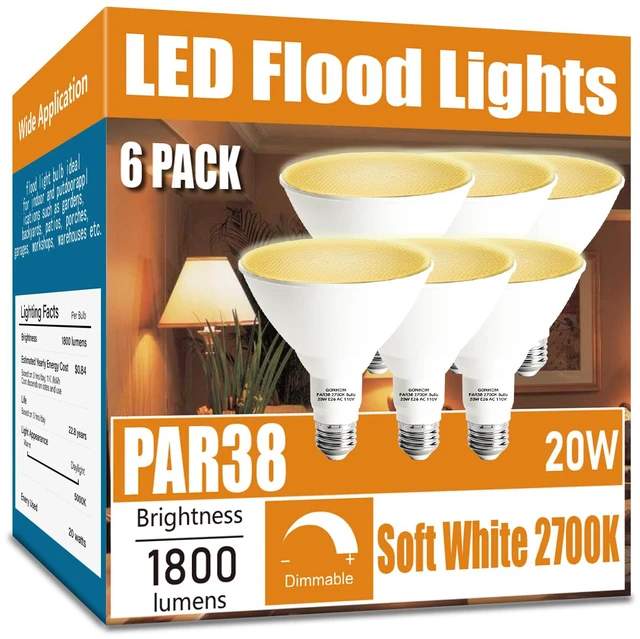 Main image of Par38 led Flood Lights Outdoor Light Bulb,Dimmable 1800LM,20W Replace up to 200W,Outdoor Flood Light Bulbs for Backyard,Garage,Porch,Garden,6 Pack 2700K Warm Light