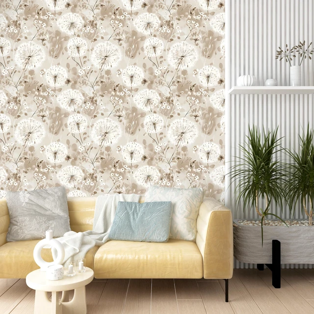 Alt view image 7 of 7 - Floral Peel and Stick Wallpaper Dandelion for Cabinet 16.9"x393.7" Vintage Floral Contact Paper Brown Wallpaper Peel and Stick Waterproof Self Adhesive Removable for Cabinet Bedroom Decorative