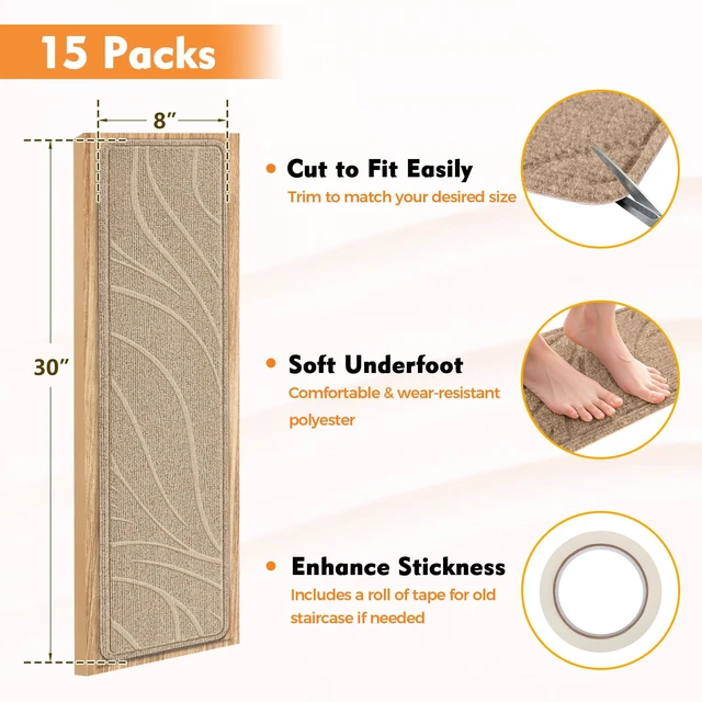 Alt view image 5 of 7 - Stair Treads for Wooden Steps, 15 PCS 8"x30", Beige Non-Slip TPE Backing Indoor Stair Runners, Washable & Reusable Stairs Carpet Rugs, No Residue, Safe for Kids, Pets, Seniors