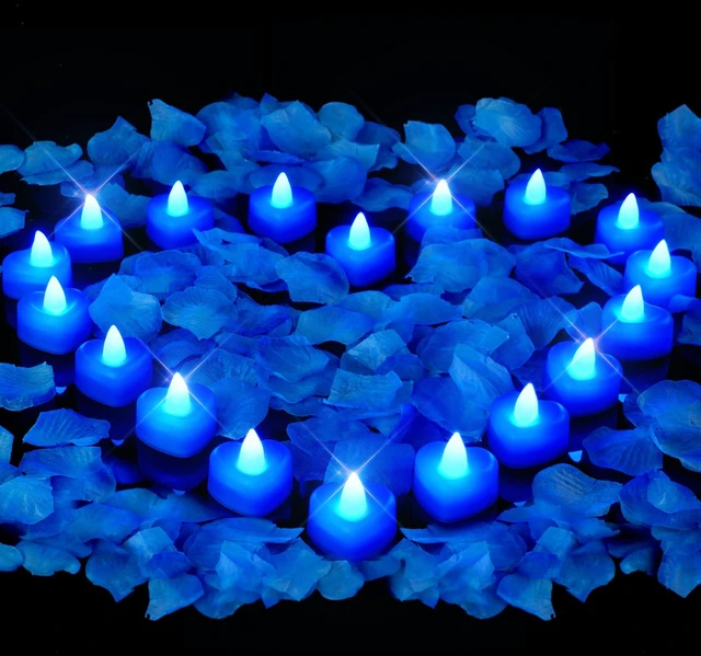 Main image of 4000 Pieces Blue Artificial Rose Petals with 50 Blue Heart LED Tea Lights, Rose Petals and Candles Set for Proposal, Anniversary, Romantic Night, Wedding Decor