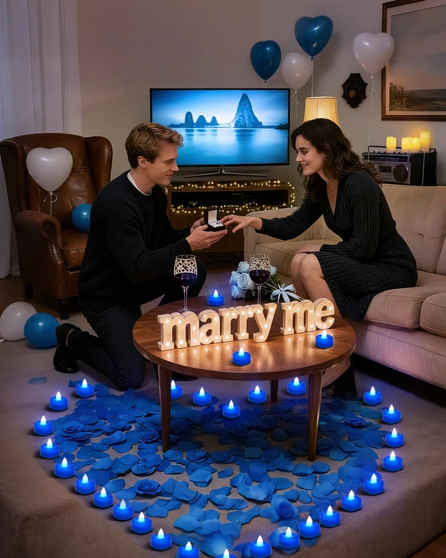 Alt view image 5 of 7 - 4000 Pieces Blue Artificial Rose Petals with 50 Blue Heart LED Tea Lights, Rose Petals and Candles Set for Proposal, Anniversary, Romantic Night, Wedding Decor